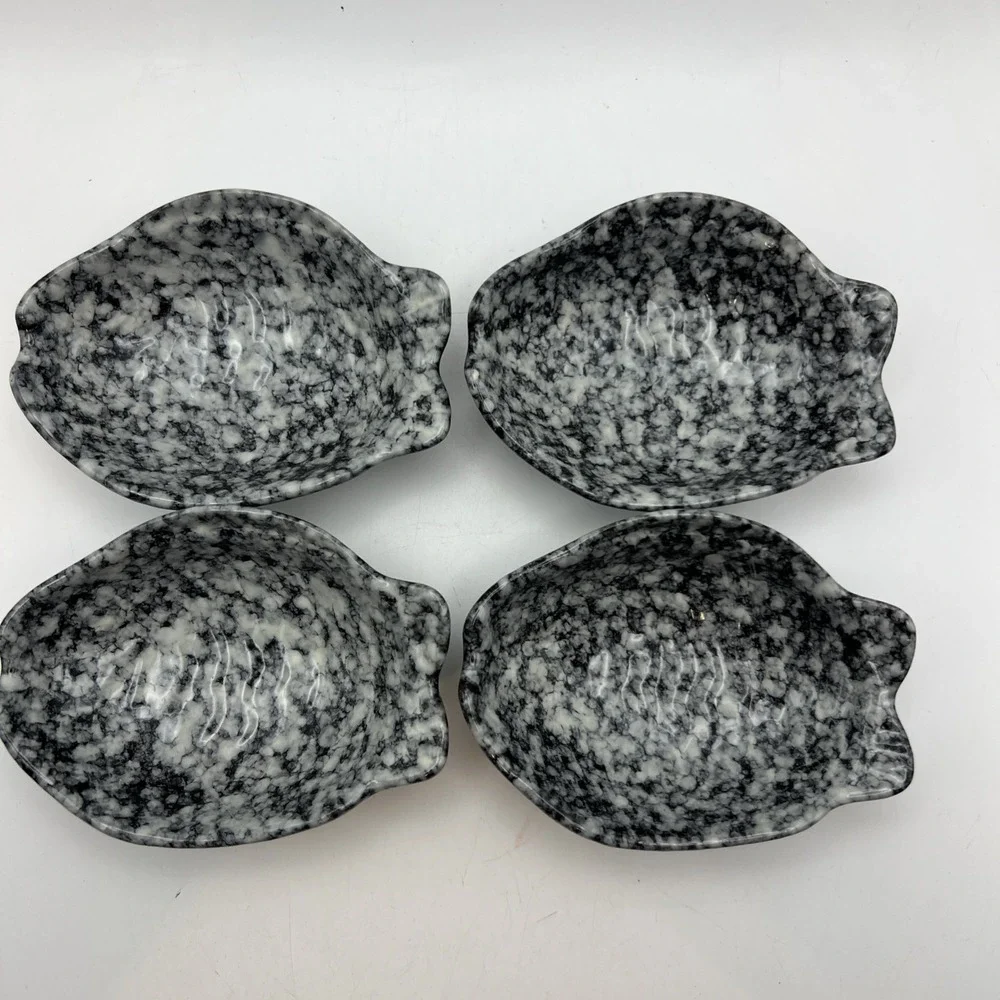Set of 4 Grey Stone Ceramic Fish Shaped Dipping Dishes Sauce Bowls Fin Scoops